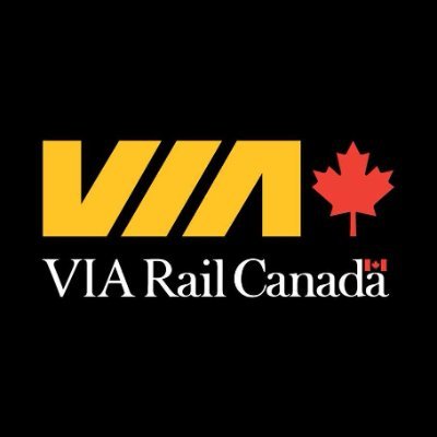 Yellow on black VIA Rail Canada logo with red maple leaf
